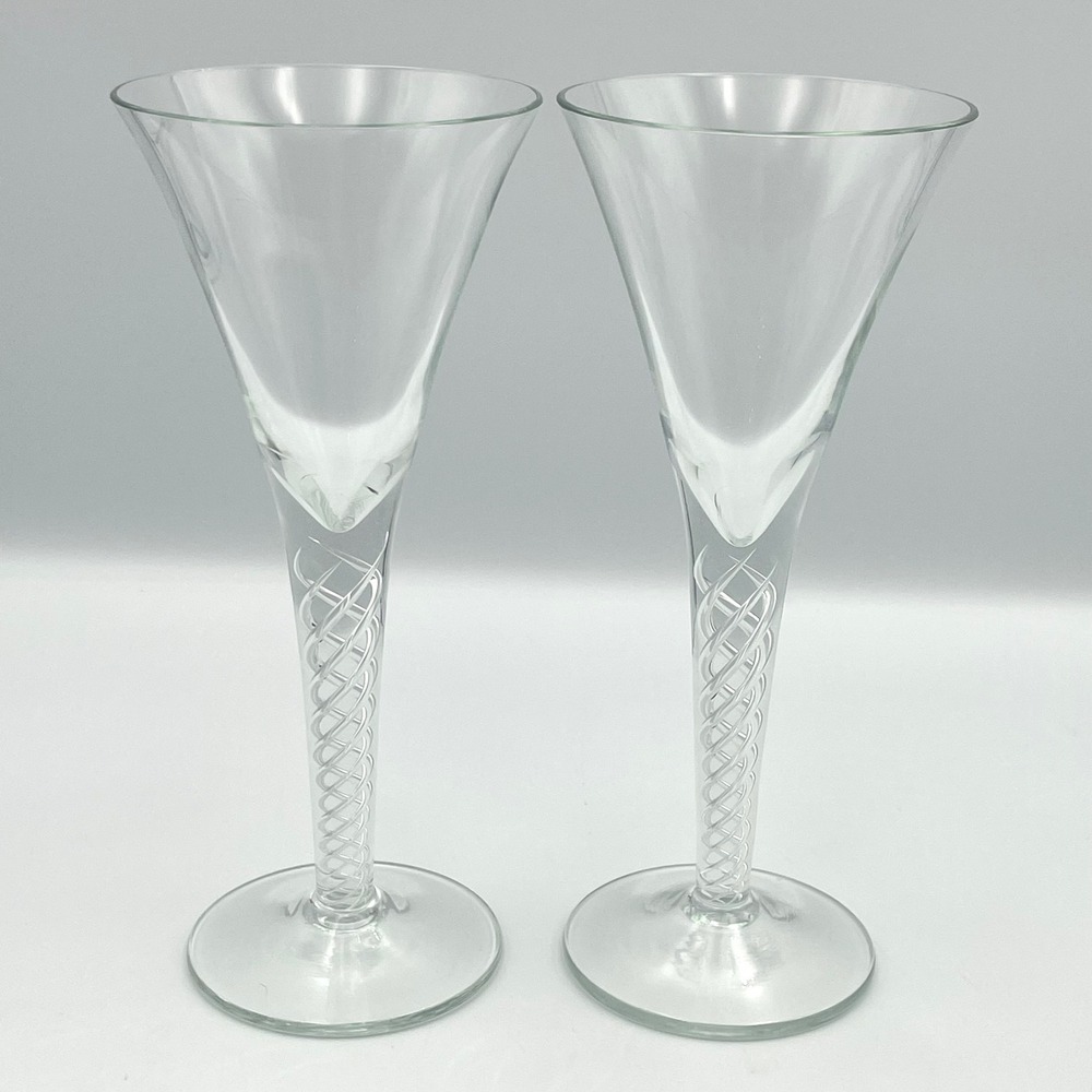 Vintage Set of 2 Turda Romania Art Glass Goblet Twisted Stem Wine Champagne